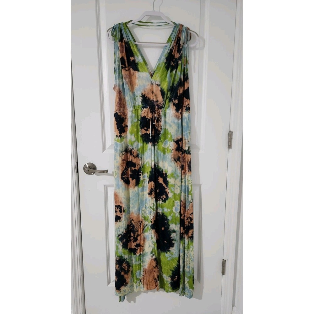 Tiare Hawaii Women's Drawstring Tank Maxi Dress V-Neck Tie‎ Dye Rayon Size M/L